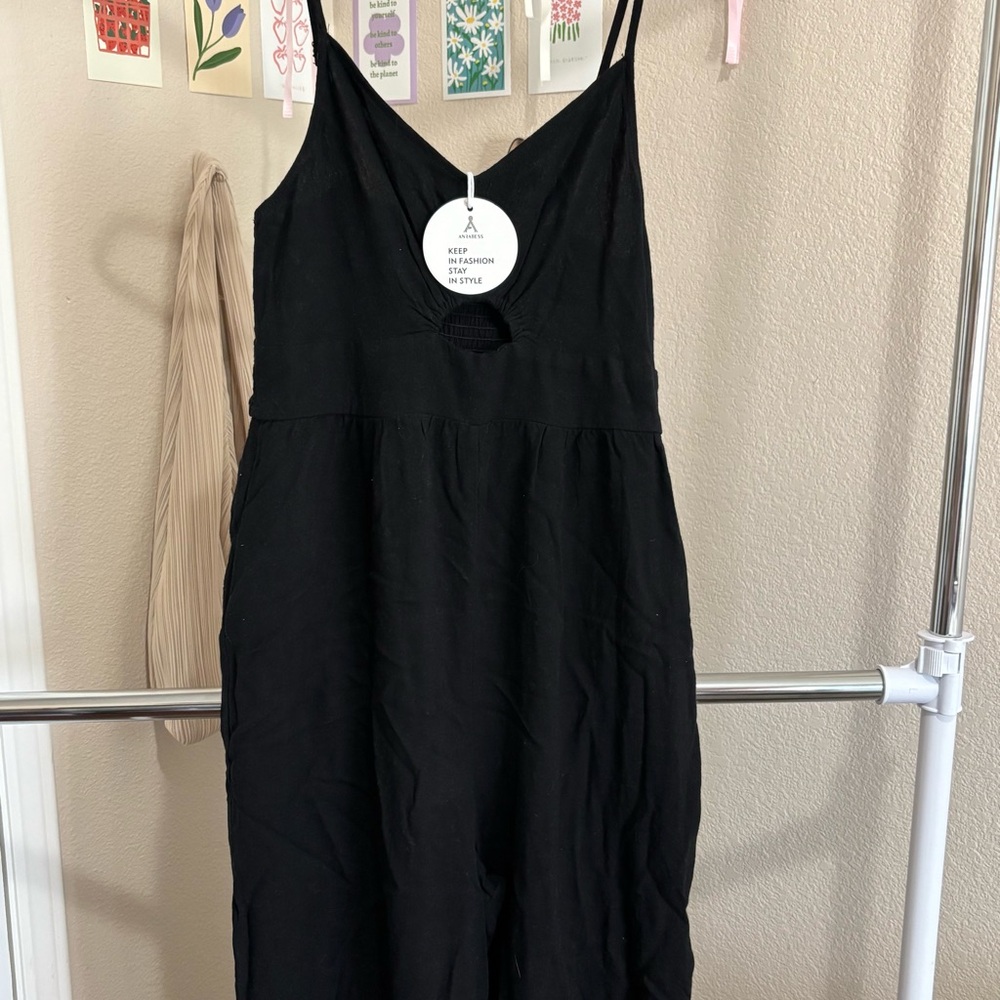 ୨୧ ・゚✧ ANRABESS Causal Spaghetti V Neck Cutout Linen Wide Leg One Piece Jumpsuit - Picture 5 of 8